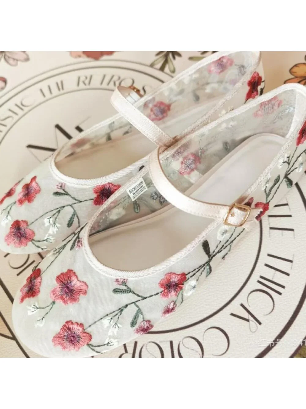 Floral Embroidered Mesh Ballet Flats for Women - Round Toe Mary Jane Style